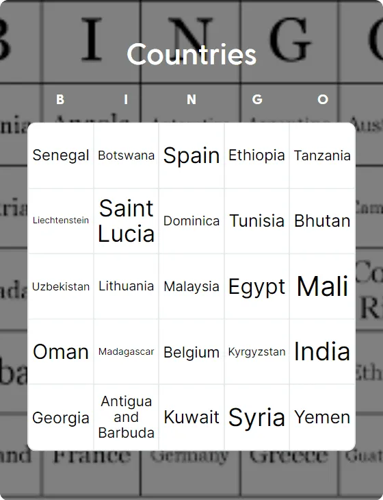 Countries bingo card template
