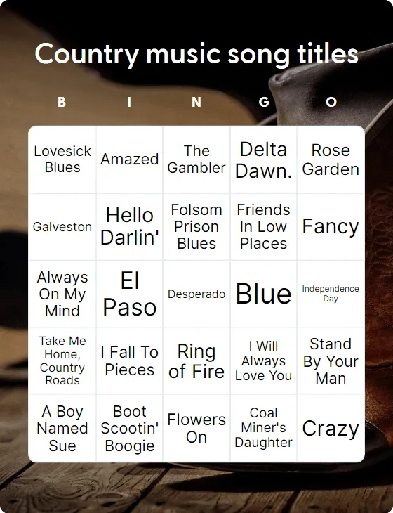Country music song titles bingo card
