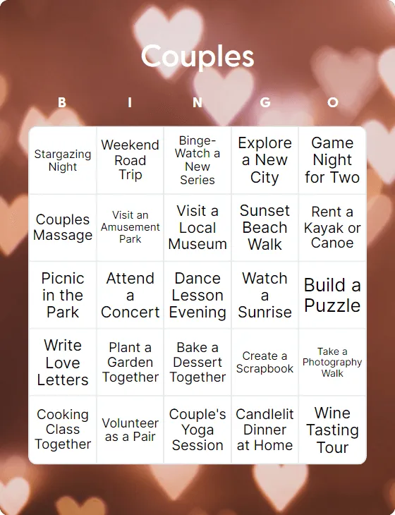 Couples bingo card