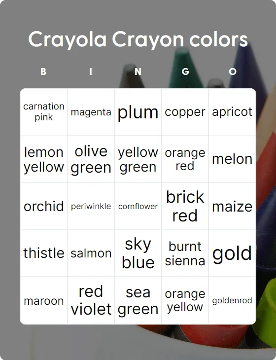 Crayola Crayon colors bingo card