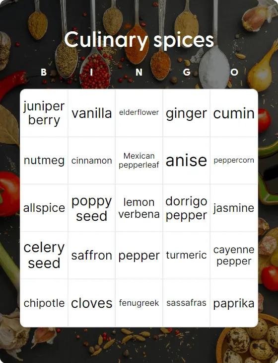 Culinary spices bingo card
