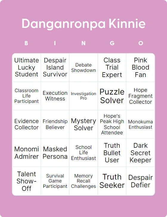 Danganronpa Kinnie bingo card