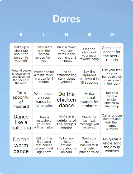 Dares bingo card template