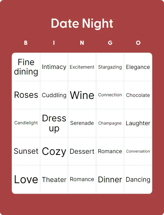 Date Night bingo card