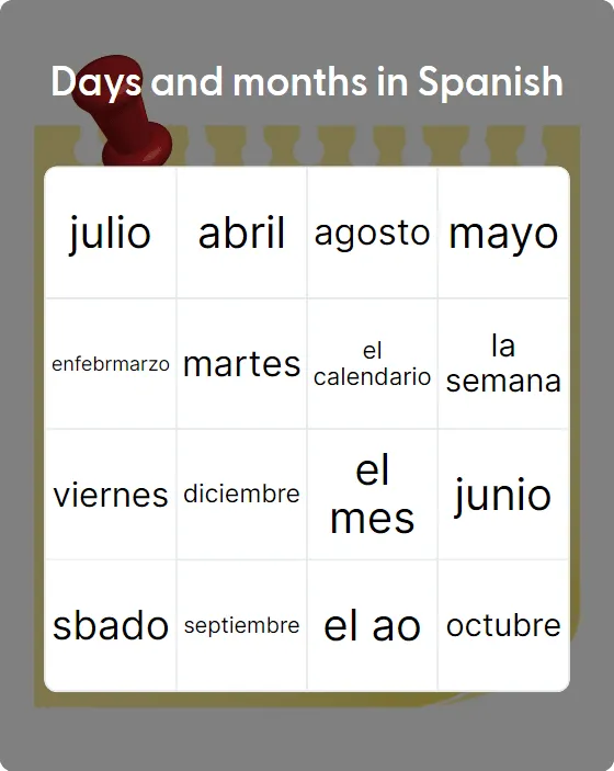 Days and months in Spanish bingo card