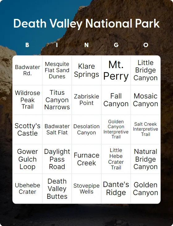 Death Valley National Park bingo card