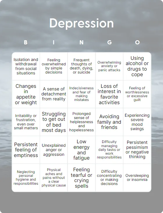 Depression bingo card template