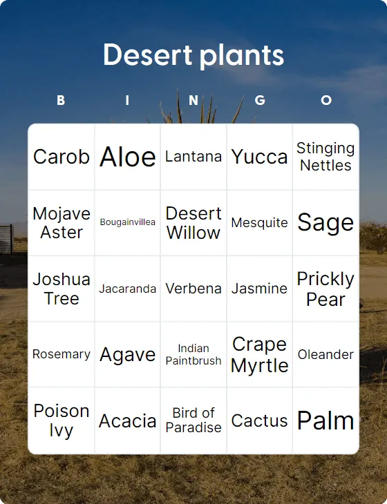 Desert plants bingo card