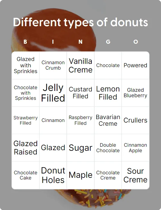 Different types of donuts bingo card template