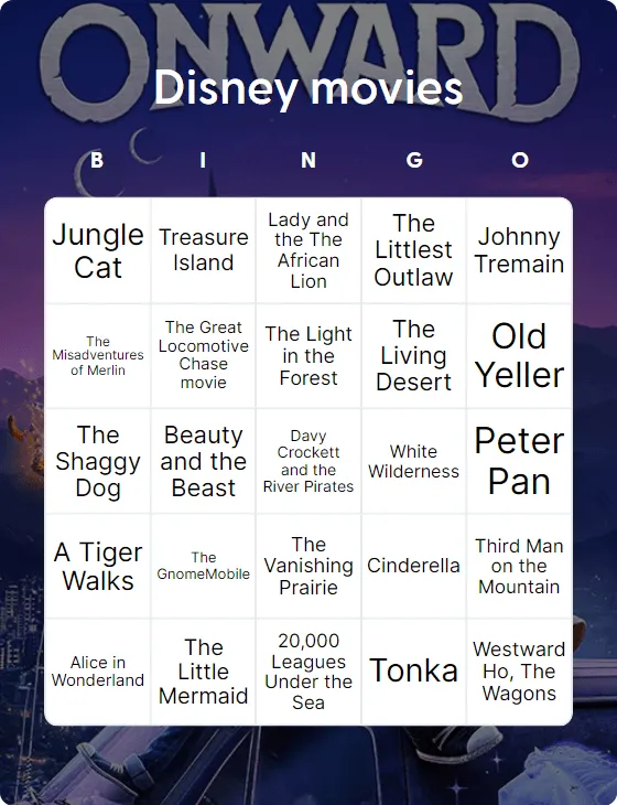 Disney movies bingo card