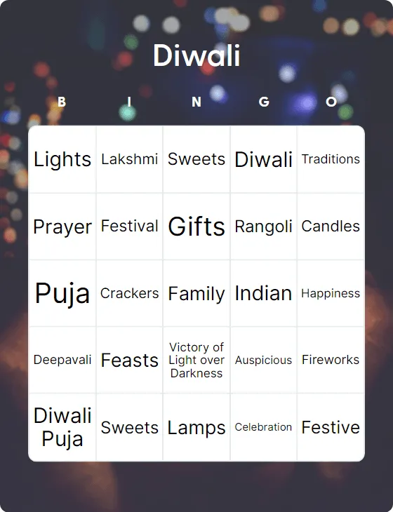 Diwali bingo card