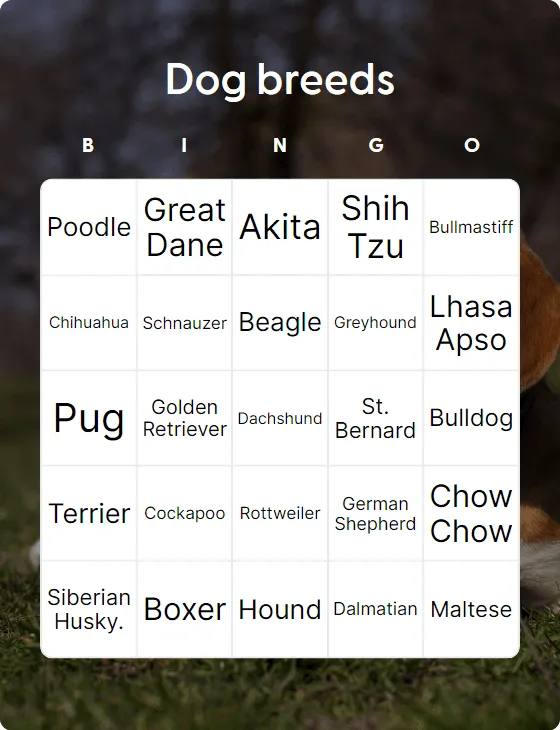 Dog breeds bingo card template