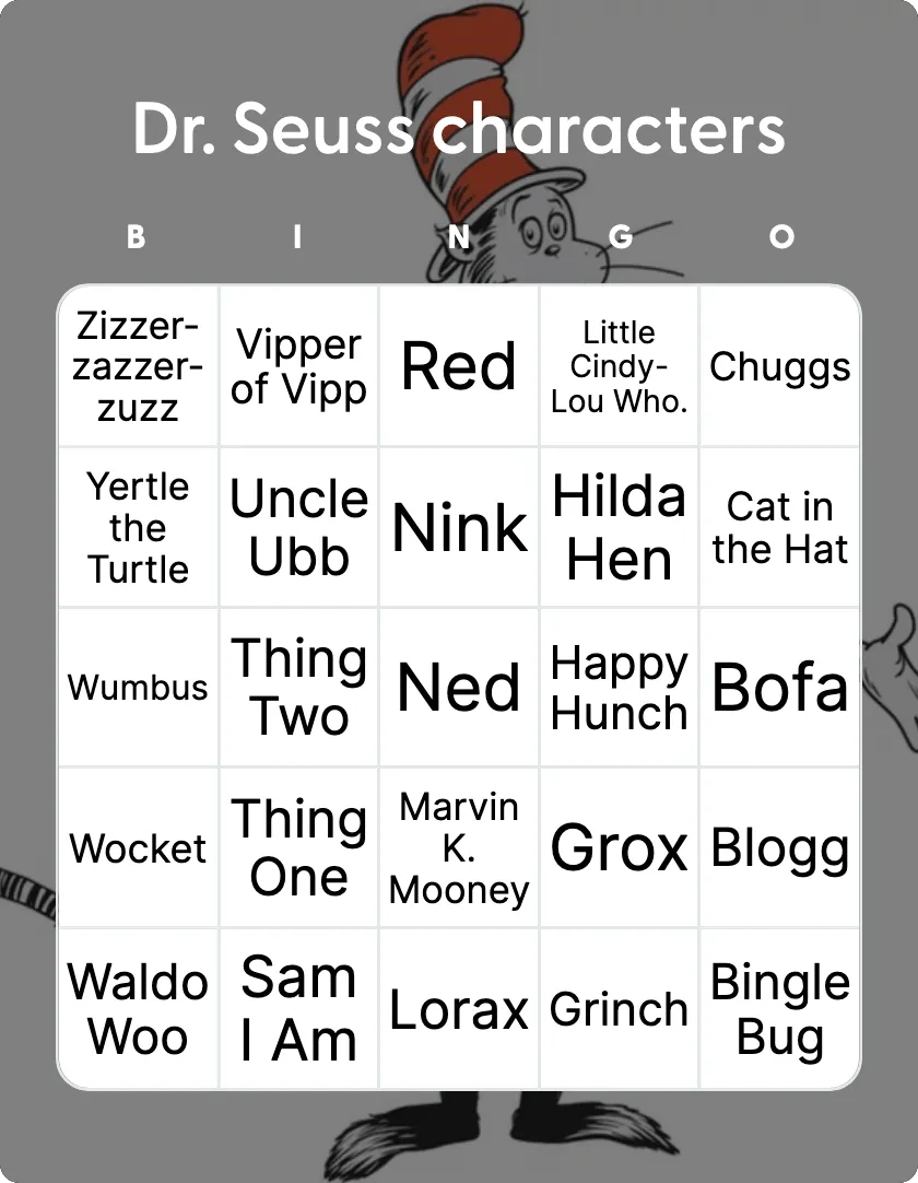Dr. Seuss characters and creatures bingo card template