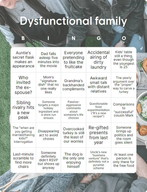 Dysfunctional family bingo card template