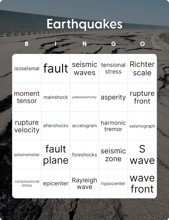 Earthquakes bingo card