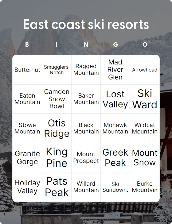 East coast ski resorts bingo card