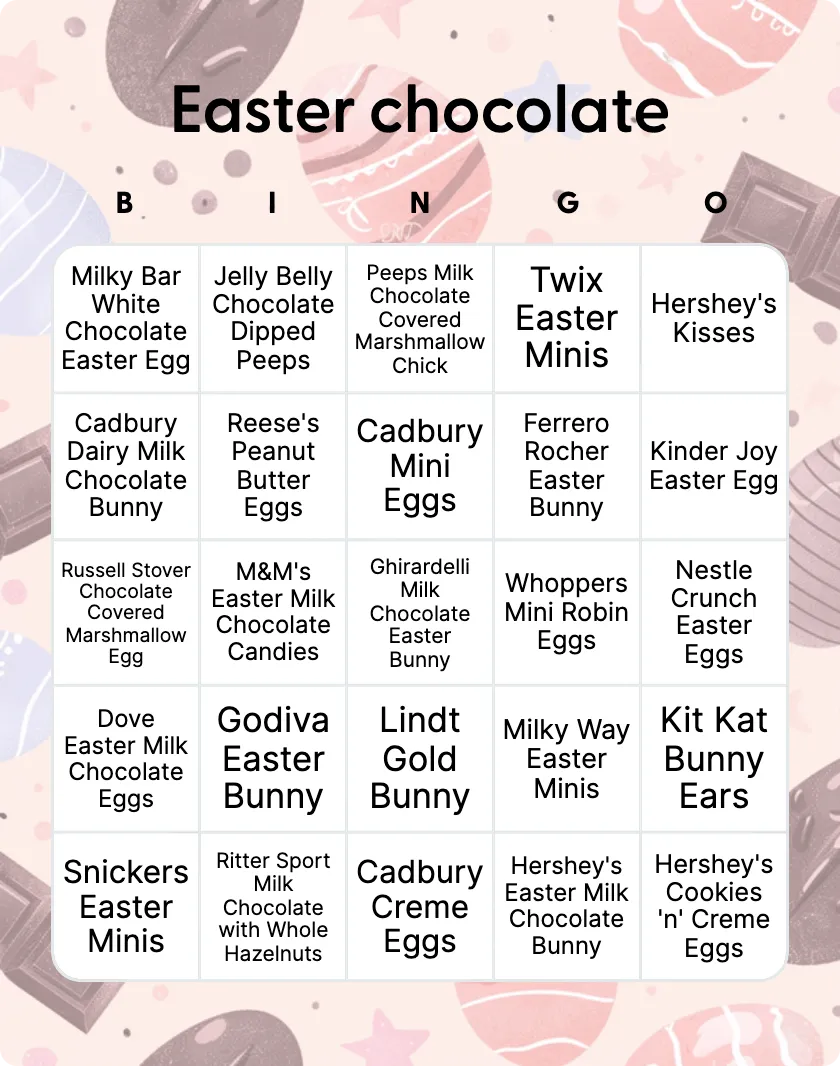 Easter Chocolate bingo card template