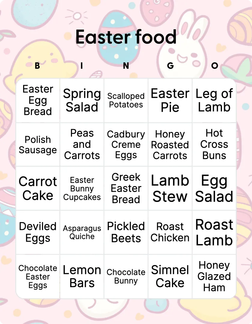 Easter Food bingo card