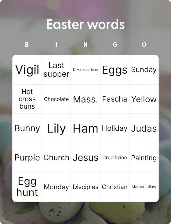 Easter words bingo card