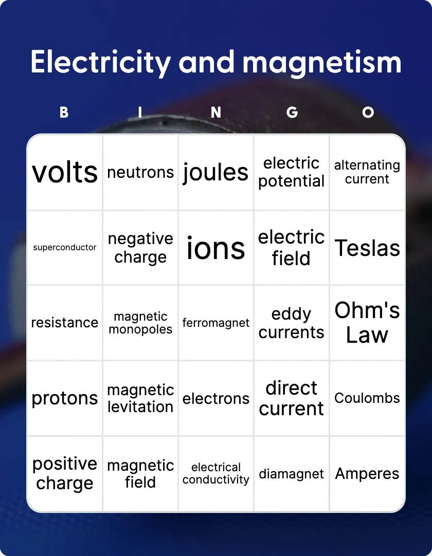 Electricity and magnetism bingo card