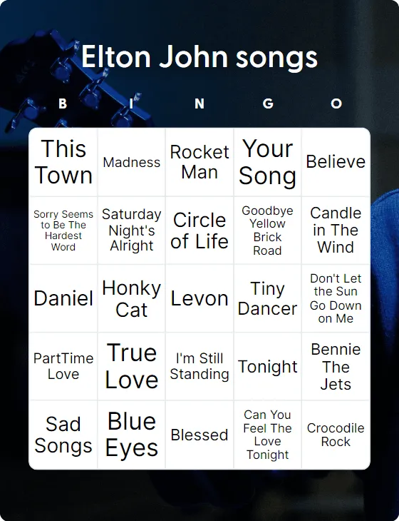 Elton John songs bingo card