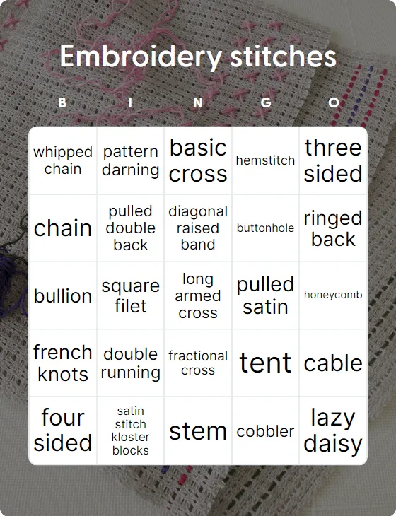 Embroidery stitches bingo card