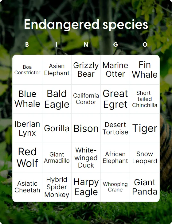 Endangered species bingo card