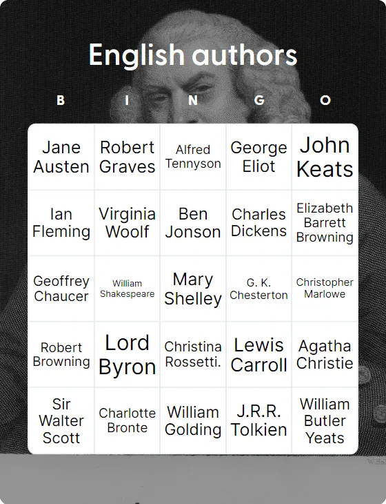 English authors bingo card