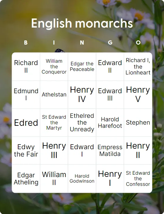English monarchs bingo card