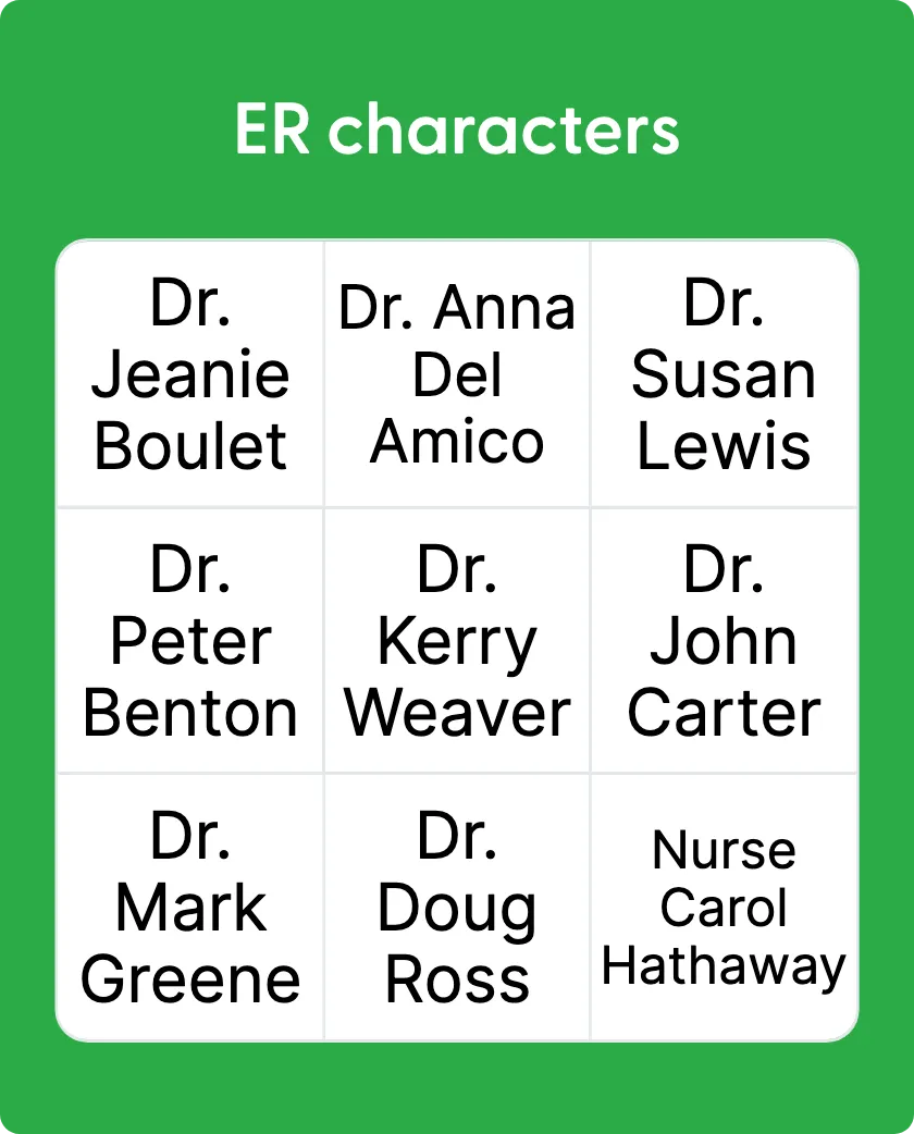ER Characters bingo card