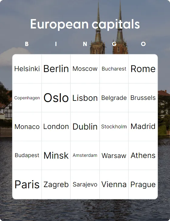 European capitals bingo card