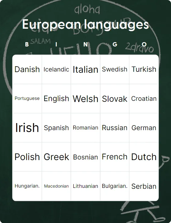 European languages bingo card