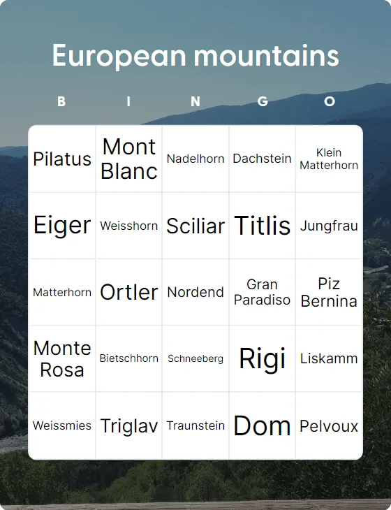 European mountains  bingo card template