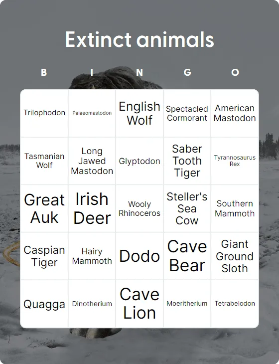 Extinct animals bingo card template