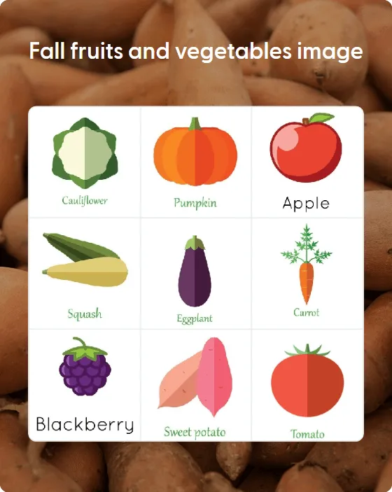 Fall fruits and vegetables image bingo card template