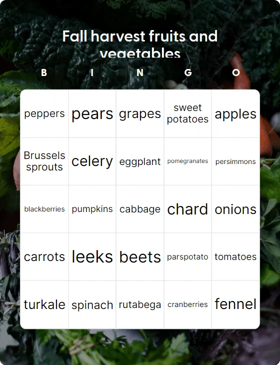 Fall harvest fruits and vegetables bingo card