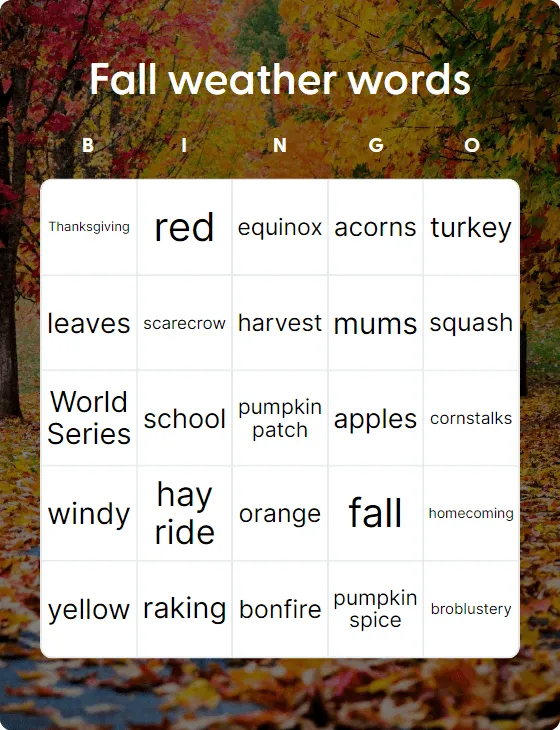 Fall weather words bingo card template