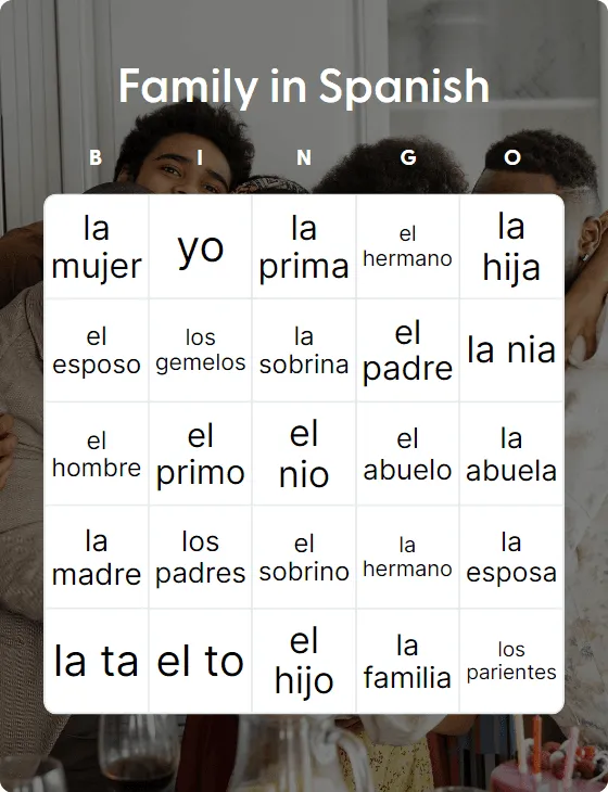 Family in Spanish bingo card template