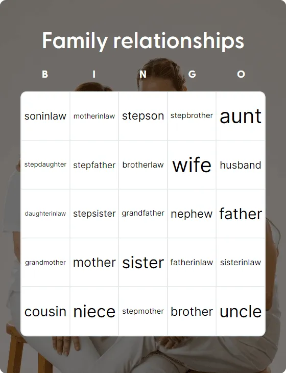 Family relationships bingo card template