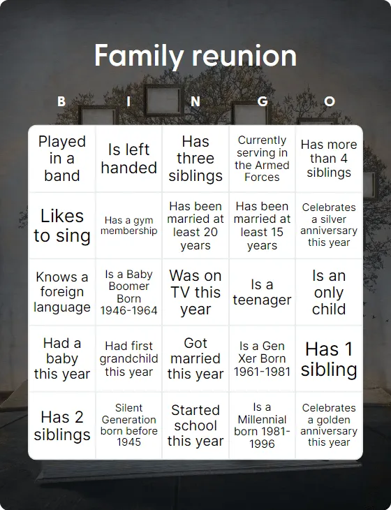 Family reunion bingo card template