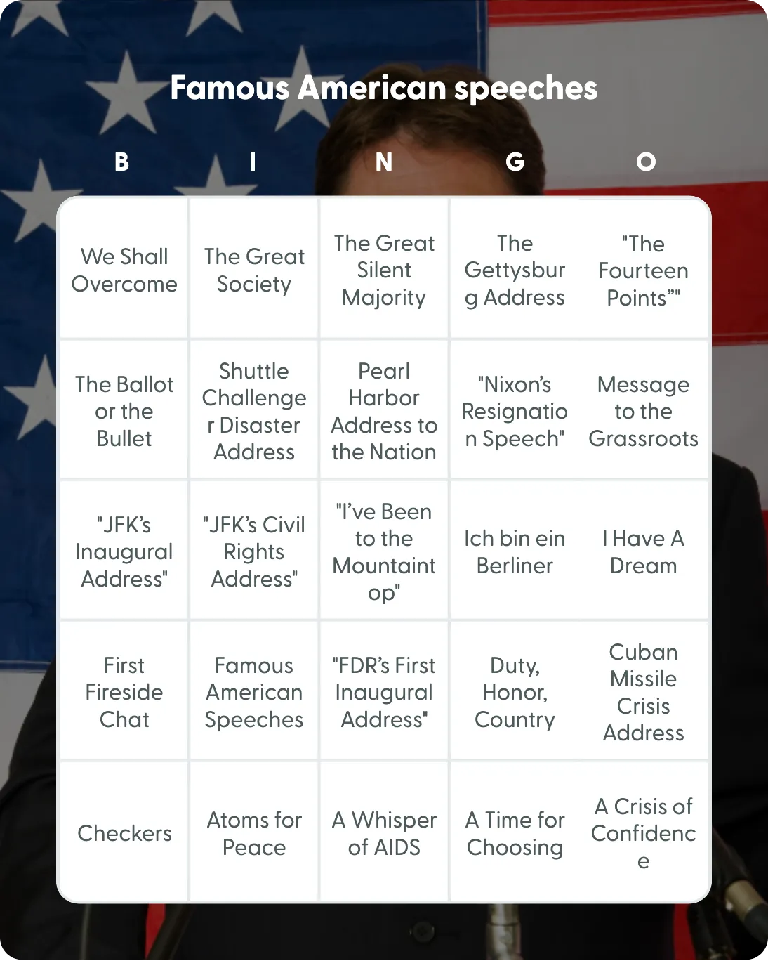 Famous American speeches bingo card