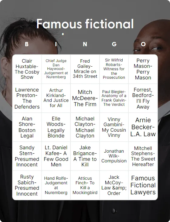 Famous fictional lawyers bingo card