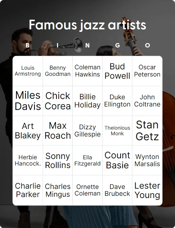 Famous jazz artists bingo card template