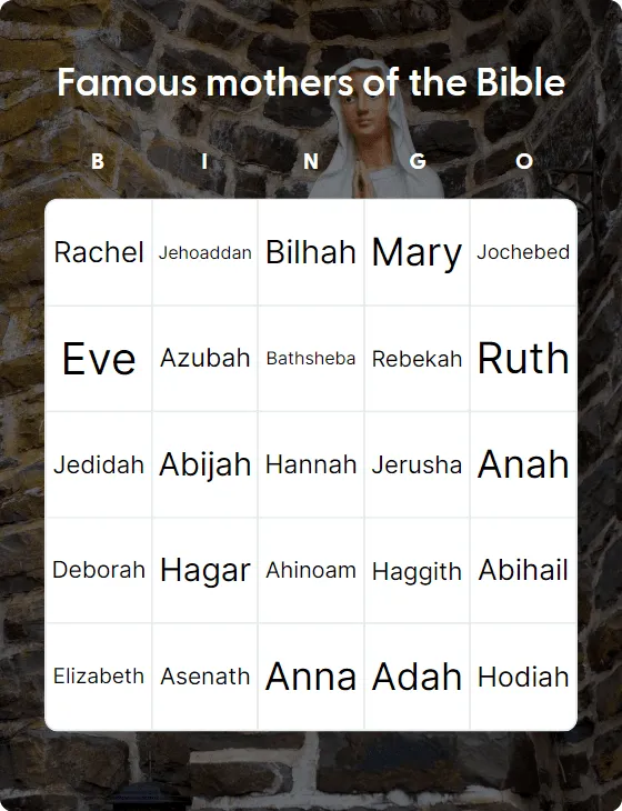 Famous mothers of the Bible bingo card