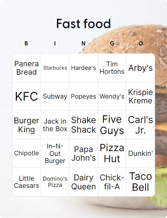 Fast food  bingo card template