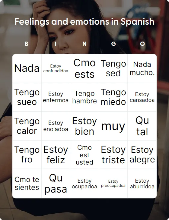 Feelings and emotions in Spanish bingo card