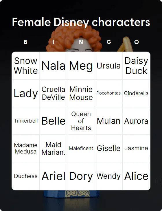 Female Disney characters bingo card