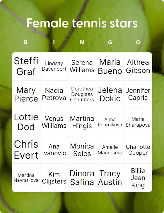 Female tennis stars bingo card