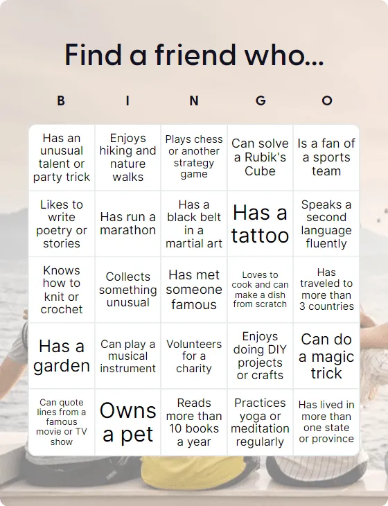 Find a friend who... bingo card