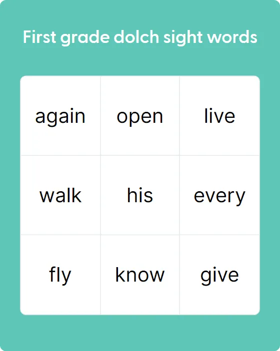 First grade dolch sight words bingo card